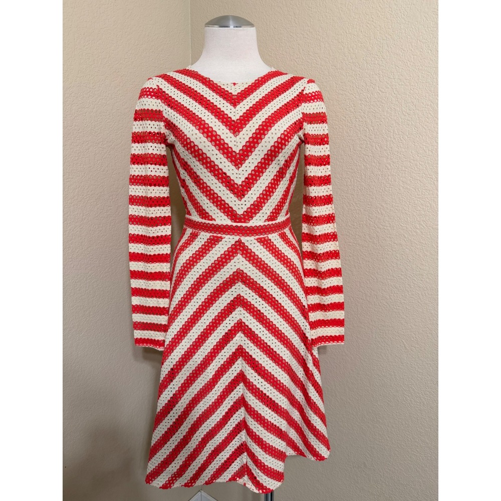BCBGMAXAZRIA Kristina Red Chevron Eyelet Lace Fit Flare Dress XS Long Sleeve